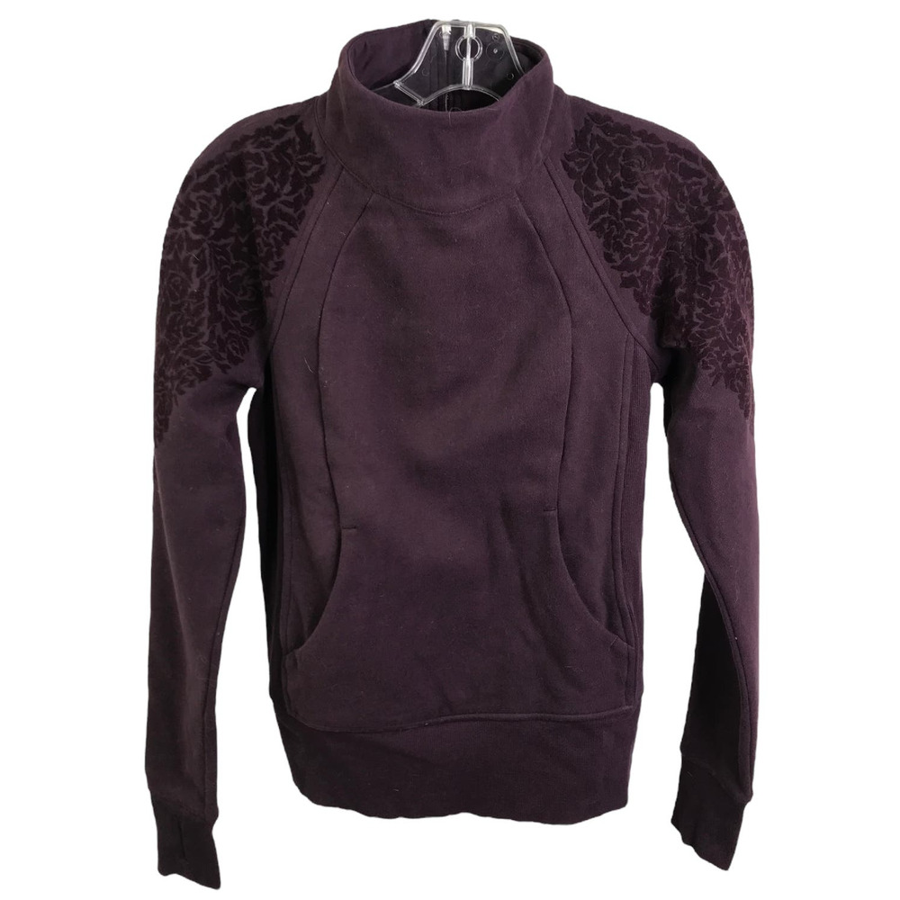 Lululemon Women's Scuba Jacket Black Cherry Velvet Floral Flocked Pullover Sz 2